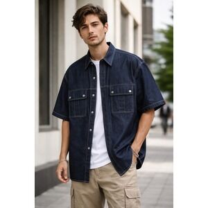 X-Boom Mens Short Sleeve Denim Button Down Shirt Dark Blue Cotton Large Workwear